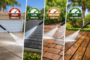 Read more about the article How Much PSI Is Safe for Each Surface? (Concrete, Roofs, Pavers, Wood)